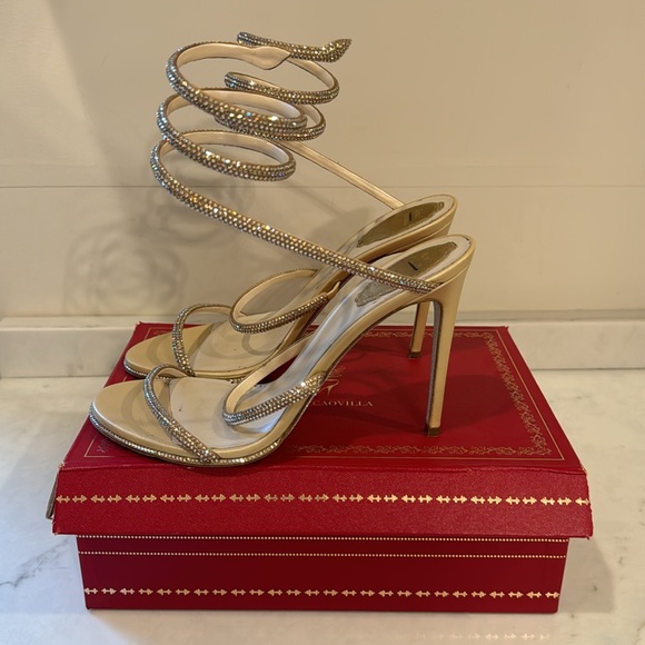 Rene Caovilla "Cleo" sandals  Beige Satin with Golden Shadow Strass crystal 40.5 - Picture 6 of 9